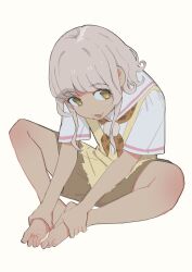 Rule 34 | 1girl, :3, barefoot, butterfly sitting, commentary, dress, full body, grey hair, hands on own feet, highres, kemura (puripurinea), looking to the side, mole, mole under mouth, neckerchief, open mouth, paprika private academy school uniform, pink neckerchief, pretty series, pripara, sailor collar, school uniform, shirt, short dress, short hair, short hair with long locks, short sleeves, simple background, sitting, smile, solo, symbol-only commentary, taiyo pepper, tan, white background, white sailor collar, white shirt, yellow dress, yellow eyes
