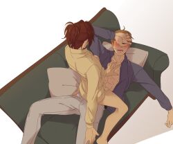 Rule 34 | 1boy, 1other, abs, bare pectorals, blush, brown hair, commentary, couch, covering own eyes, hange zoe, hanpetos, moblit berner, no pants, open mouth, pectorals, pillow, ponytail, shingeki no kyojin, sweat