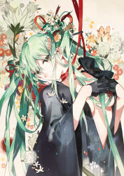 Rule 34 | 1girl, black gloves, bow, breasts, floral background, flower, gloves, green eyes, green hair, hair flower, hair ornament, hair ribbon, hair stick, hatsune miku, head tilt, interlocked fingers, long hair, open clothes, own hands clasped, own hands together, red ribbon, ribbon, smile, starshadowmagician, twintails, vocaloid