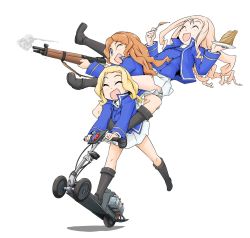 Rule 34 | 3girls, :d, ;d, bc freedom (emblem), bc freedom military uniform, black footwear, blonde hair, blue eyes, blue jacket, blue vest, bolt action, boots, cake, carrying, closed eyes, commentary request, dress shirt, drill hair, emblem, food, fork, girls und panzer, gun, high collar, highres, holding, holding fork, holding gun, holding plate, holding weapon, isabe (girls und panzer), jacket, knee boots, long hair, long sleeves, marie (girls und panzer), mas-36, military, military uniform, miniskirt, motor vehicle, multiple girls, one eye closed, open mouth, orange hair, piggyback, plate, pleated skirt, riding, rifle, scooter, shadow, shirt, simple background, skirt, smile, sofue (girls und panzer), takanaga kouhei, uniform, vest, weapon, white background, white shirt, white skirt