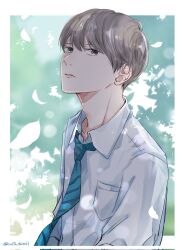 Rule 34 | 1boy, adam&#039;s apple, aqua necktie, blurry, bokeh, border, breast pocket, collared shirt, commentary, corrupted twitter file, day, depth of field, diagonal-striped clothes, diagonal-striped necktie, falling petals, foliage, grey eyes, grey hair, hair between eyes, highres, lips, looking at viewer, looking to the side, loose necktie, male focus, necktie, nose, nostrils, original, outdoors, outside border, parted lips, petals, pocket, saitou shiori (pixiv14549321), shirt, striped clothes, twitter username, upper body, white border, white shirt