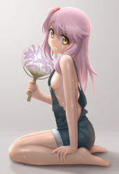 Rule 34 | 1girl, barefoot, blush, breasts, chloe von einzbern, commentary, dark-skinned female, dark skin, fate/kaleid liner prisma illya, fate (series), feet, full body, grin, hair bobbles, hair ornament, hand fan, highres, holding, hot, long hair, long legs, looking at viewer, naked overalls, no bra, overalls, paper fan, pink hair, side ponytail, sideboob, simple background, siraha, sitting, small breasts, smile, solo, suspenders, sweat, uchiwa, wariza, yellow eyes