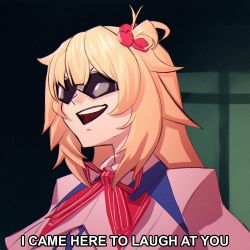 Rule 34 | 1girl, akai haato, akai haato (1st costume), blonde hair, commentary, cosmikaizer, english commentary, english text, gundam, highres, hololive, i came here to laugh at you (meme), long hair, meme, open mouth, parody, quattro bajeena, short sidetail, solo, subtitled, sunglasses, virtual youtuber, zeta gundam