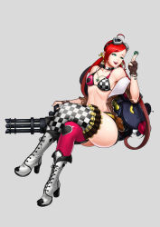 Rule 34 | 1girl, ah-lyong lee, ahoge, alternate costume, alternate eye color, alternate hair color, alternate hairstyle, asymmetrical legwear, bandolier, bangle, bikini, bikini top only, boots, bracelet, breasts, bullet, choker, cross-laced footwear, crossed legs, dice, full body, gatling gun, gloves, goggles, goggles on head, green eyes, grey background, gun, hair ribbon, high heel boots, high heels, highres, image sample, invisible chair, jacket, jewelry, jinx (league of legends), lace-up boots, league of legends, lips, low twintails, minigun, mismatched legwear, necklace, off shoulder, open clothes, open jacket, partially fingerless gloves, poker chip, ribbon, short sleeves, sitting, small breasts, smile, solo, swimsuit, thighhighs, thighs, twintails, unmoving pattern, weapon