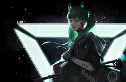 Rule 34 | 1girl, animal ears, backlighting, bag, carrying, cat ears, dark, eyelashes, fom (lifotai), gloves, glowing, green eyes, green hair, gun, hair tie, heart, highres, holding, holding weapon, hood, light smile, lips, looking at viewer, looking to the side, original, rifle, safety glasses, science fiction, smiley face, solo, twintails, water drop, weapon