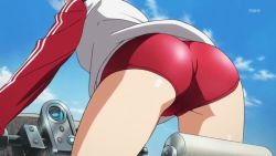Rule 34 | 1girl, animated, animated gif, ass, ass focus, brown hair, buruma, close-up, cloud, from behind, from below, hover bike, isshiki akane, jacket, leaning forward, motor vehicle, outdoors, red buruma, short hair, sky, solo, track jacket, twintails, vividred operation