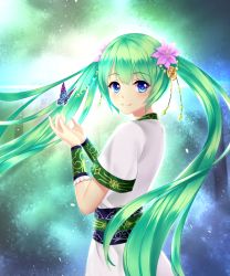 Rule 34 | 1girl, ainu clothes, blue eyes, bug, butterfly, clematis (flower), cupping hands, flower, green hair, hair flower, hair ornament, hands up, hatsune miku, highres, insect, looking at viewer, lostangelvn, mixed-language commentary, own hands together, short sleeves, smile, standing, twintails, vocaloid