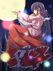 Rule 34 | 1girl, black hair, blush, branch, female focus, hair in own mouth, houraisan kaguya, jeweled branch of hourai, long hair, moon, red eyes, sandals, solo, t-ray, touhou, very long hair