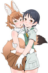 Rule 34 | 2girls, animal ears, bare shoulders, black hair, blush, booth tomato, bow, breast press, breasts, brown hair, captain (kemono friends), dhole (kemono friends), dog ears, dog girl, dog tail, extra ears, gloves, highres, kemono friends, kemono friends 3, large breasts, looking at viewer, medium breasts, multicolored hair, multiple girls, open mouth, shirt, short hair, short sleeves, skirt, sleeveless, smile, symmetrical docking, tail, two-tone hair, white hair, yuri