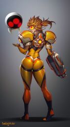 Rule 34 | 1girl, absurdres, arm cannon, ass, assault visor, blonde hair, bodysuit, danderfull, fusion, highres, long hair, looking at viewer, metroid, mole, mole under mouth, nintendo, orange bodysuit, orange goggles, overwatch, ponytail, samus aran, skin tight, solo, spiked hair, tracer (overwatch), weapon