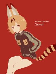 Rule 34 | 10s, 1girl, :3, alternate costume, alternate legwear, animal ears, animal print, bare legs, blending, blush, brown eyes, character name, closed mouth, copyright name, crossed legs, dot nose, eyelashes, hands in pockets, highres, inumoto, invisible chair, jacket, kemono friends, long sleeves, looking at viewer, no lineart, orange hair, pleated skirt, pocket, red background, red skirt, serval (kemono friends), serval print, serval tail, short hair, simple background, sitting, skirt, smile, solo, striped tail, sukajan, tail