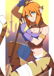 Rule 34 | 1girl, absurdres, animal ears, breasts, breath of fire, breath of fire ii, bustier, cat ears, cat tail, cleavage, facial mark, furry, furry female, gloves, highres, looking at viewer, medium breasts, no pants, orange hair, pointy ears, rinpoo chuan, sasaki sue, short hair, smile, solo, staff, tail