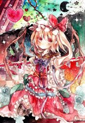 Rule 34 | 1girl, adapted costume, back bow, black thighhighs, blonde hair, bow, bowtie, closed mouth, cola, cowboy shot, crystal, dot mouth, dot nose, flandre scarlet, flower, frilled bow, frilled shirt collar, frilled skirt, frilled sleeves, frilled vest, frills, green bow, hat, hat bow, hat ribbon, head tilt, heart, highres, himegamik, large bow, long hair, looking at viewer, mob cap, multicolored wings, one side up, painting (medium), puffy short sleeves, puffy sleeves, purple bow, purple bowtie, red bow, red ribbon, red skirt, red vest, ribbon, ribbon-trimmed headwear, ribbon trim, rose, shirt, short sleeves, skirt, skirt set, solo, thighhighs, too many, too many frills, touhou, traditional media, vest, watercolor (medium), white hat, white shirt, wings