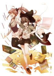 Rule 34 | 3girls, amupaka, bad id, bad pixiv id, color pencil, computer, glasses, hair ornament, hairclip, hat, keyboard (computer), laptop, mouse (computer), multiple girls, open mouth, original, paintbrush, pencil, ponytail, thighhighs, twintails, witch hat, zettai ryouiki