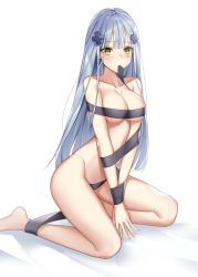 Rule 34 | 1girl, bad id, bad pixiv id, blunt bangs, blush, bound, bound wrists, breasts, collarbone, facial mark, girls&#039; frontline, green eyes, hair ornament, hat, highres, hk416 (girls&#039; frontline), kneeling, long hair, looking at viewer, medium breasts, mouth hold, naked ribbon, ribbon, silver hair, solo, teardrop, very long hair, yp7 (vvy)