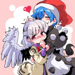 Rule 34 | &gt;:(, 2girls, = =, ^ ^, blue hair, blush, blush stickers, bow, bowtie, brooch, capelet, closed eyes, covering own mouth, doremy sweet, dress, frown, hat, heart, hug, jacket, jewelry, kishin sagume, multiple girls, nightcap, red eyes, shinapuu, short hair, silver hair, single wing, sweatdrop, tail, tapir tail, touhou, v-shaped eyebrows, wings, yuri
