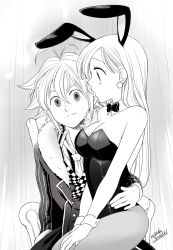 Rule 34 | 1boy, 1girl, animal ears, bow, bowtie, breasts, cleavage, coat, collared shirt, couple, dated, detached collar, elizabeth liones, fake animal ears, fake tail, greyscale, hair intakes, hand on another&#039;s hip, harumiya, hetero, highres, leotard, long hair, medium breasts, meliodas, monochrome, nanatsu no taizai, necktie, open clothes, open coat, pantyhose, playboy bunny, rabbit ears, rabbit tail, shirt, short hair, sitting, sitting on lap, sitting on person, sketch, smug, strapless, strapless leotard, tail, twitter username, very long hair, wing collar, wrist cuffs