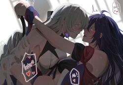 Rule 34 | 2girls, :d, ahoge, armband, bare shoulders, blush, breast press, breasts, bronya rand, detached sleeves, earrings, english text, eye contact, face-to-face, from side, grey hair, hair between eyes, honkai: star rail, honkai (series), implied fingering, jewelry, kaosmccloud, large breasts, long hair, long sleeves, looking at another, multiple girls, nose blush, open mouth, own hands together, profile, purple eyes, purple hair, purple scarf, purple shirt, red armband, saliva, saliva trail, scarf, seele (honkai: star rail), shirt, sleeveless, sleeveless shirt, smile, teeth, upper body, upper teeth only, white shirt, white sleeves, yuri