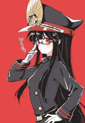 Rule 34 | 1girl, bad id, bad pixiv id, belt, black hair, black hat, black jacket, blush, breasts, buttons, family crest, fate/grand order, fate (series), glasses, gloves, hand on own hip, hat, jacket, kodamari, koha-ace, long hair, looking at viewer, oda nobunaga (fate), oda nobunaga (koha-ace), oda uri, peaked cap, red-framed eyewear, red background, red eyes, sidelocks, simple background, small breasts, translation request, white gloves