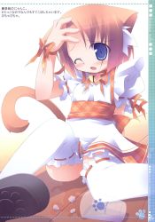 Rule 34 | 1girl, animal ears, blush, cat ears, cat tail, fang, female focus, highres, short hair, sitting, skirt, solo, tail, thighhighs, uniform, waitress, white background