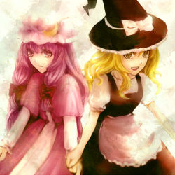 Rule 34 | 2girls, blonde hair, female focus, hat, holding hands, kirisame marisa, mr (llwis41), multiple girls, patchouli knowledge, purple hair, touhou, witch, witch hat