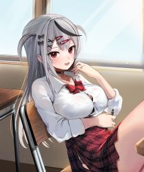 Rule 34 | 1girl, absurdres, blush, bow, bowtie, breasts, chair, collared shirt, desk, ear piercing, fang, grey hair, grey panties, hair bow, hair ornament, hairclip, highres, hip vent, holding, holding pen, hololive, indoors, large breasts, long hair, long sleeves, looking at viewer, miniskirt, multicolored hair, open mouth, panties, panty peek, pen, piercing, plaid, plaid skirt, red bow, red bowtie, red eyes, red skirt, sakamata chloe, school chair, school desk, shirt, sidelocks, sitting, skin fang, skirt, sleeves rolled up, smile, solo, streaked hair, sunano reona, two side up, underwear, virtual youtuber, white shirt, window