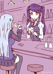 Rule 34 | 2girls, alcohol, bar (place), bartender, beer, beer mug, black legwear, cleaning, cocktail glass, commentary request, cup, drinking, drinking glass, girls&#039; frontline, highres, hk416 (girls&#039; frontline), jill stingray, mug, multiple girls, purple hair, rasen manga, red eyes, sitting, thighhighs, translation request, va-11 hall-a, wine glass