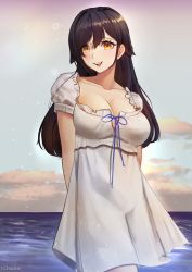 Rule 34 | 1girl, alternate costume, arms behind back, artist name, azur lane, black hair, blush, breasts, choister, choukai (azur lane), cleavage, commentary, cowboy shot, dress, hair between eyes, highres, large breasts, long hair, looking at viewer, smile, solo, yellow eyes