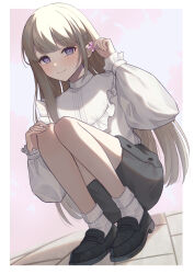 Rule 34 | 1girl, absurdres, backlighting, black footwear, blush, brown hair, closed mouth, elf, flower, hair ornament, hairclip, highres, holding, holding flower, isana615, loafers, long sleeves, looking at viewer, original, pointy ears, purple eyes, shirt, shoes, smile, socks, solo, squatting, white shirt, white socks