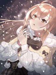 Rule 34 | 1girl, ahoge, belt, berry, black choker, blush, brown capelet, brown eyes, brown hair, brown skirt, capelet, choker, crossed bangs, double-parted bangs, earrings, food-themed earrings, fur trim, hair between eyes, highres, hololive, hololive english, jewelry, looking up, motion blur, multicolored hair, nanashi mumei, nanashi mumei (casual), official alternate costume, open mouth, own hands together, plaid, plaid skirt, pleated skirt, pom pom (clothes), ribbon, shishi cc, skirt, snowing, streaked hair, sweater, virtual youtuber, white sweater