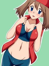 Rule 34 | 1girl, bad id, bad pixiv id, bike shorts, blue eyes, breasts, brown hair, cleavage, collarbone, creatures (company), game freak, groin, kuro hopper, long hair, may (pokemon), navel, nintendo, open clothes, open mouth, open shirt, pokemon, red shirt, shirt, solo