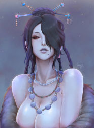 Rule 34 | 1girl, bare shoulders, breasts, cleavage, collarbone, commentary request, earrings, final fantasy, final fantasy x, fur collar, hair bun, hair ornament, hair over one eye, hair stick, highres, jewelry, kumanz, large breasts, long hair, lulu (ff10), mole, mole under mouth, necklace, pale skin, parted lips, pearl necklace, purple eyes, single hair bun, square enix