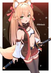 Rule 34 | 1girl, absurdres, animal ear fluff, animal ears, armpits, bare shoulders, black choker, black thighhighs, blonde hair, blurry, blush, bokeh, bow, breasts, choker, cleavage cutout, clothing cutout, commentary request, cowboy shot, crescent moon, depth of field, detached sleeves, fang, fox ears, fox tail, green eyes, hair between eyes, hair bow, half updo, highres, holding, holding sword, holding weapon, katana, leotard, light frown, light particles, long hair, looking at viewer, midriff, miniskirt, moon, navel, open mouth, original, pleated skirt, red bow, red ribbon, red skirt, red thighhighs, ribbon, signature, simple background, skirt, sleeveless, sleeveless jacket, small breasts, solo, stomach cutout, straight hair, sword, tail, thighhighs, toketa-sekai, two-tone thighhighs, very long hair, weapon, zettai ryouiki
