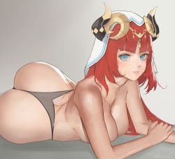 Rule 34 | 1girl, absurdres, artist request, ass, bare shoulders, blue eyes, breasts, genshin impact, highres, horns, huge ass, large breasts, long hair, looking at viewer, low twintails, lying, nilou (genshin impact), on stomach, red hair, shiny skin, smile, solo, thong, turban, twintails, veil, very long hair
