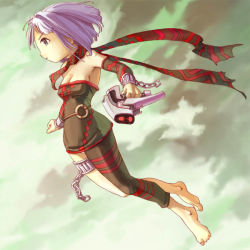 Rule 34 | 1girl, asymmetrical clothes, barefoot, breasts, chain, cleavage, detached sleeves, dress, gun, light purple hair, orta, panzer dragoon, panzer dragoon orta, scarf, sky, solo, strapless, strapless dress, tube dress, weapon