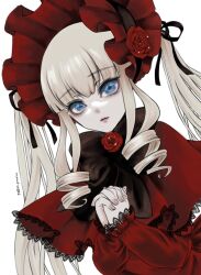 Rule 34 | 1girl, black bow, blonde hair, blue eyes, bonnet, bow, capelet, dress, drill hair, expressionless, flower, highres, interlocked fingers, kiru (m putorius), lolita fashion, long hair, long sleeves, looking at viewer, own hands together, red capelet, red dress, red flower, red rose, rose, rozen maiden, shinku, simple background, solo, twintails, upper body, white background