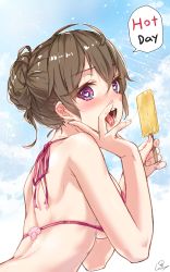 Rule 34 | 1girl, absurdres, arched back, artist name, bikini, blue sky, blush, breasts, brown hair, cloud, cloudy sky, day, english text, food, from side, hair bun, halterneck, hands up, heart, heart-shaped pupils, highres, holding, holding food, large breasts, light rays, long hair, looking at viewer, open mouth, original, outdoors, pink bikini, popsicle, purple eyes, saliva, sidelocks, signature, single hair bun, sky, smile, solo, speech bubble, sunbeam, sunlight, swimsuit, symbol-shaped pupils, tongue, tongue out, upper body, wet.elephant
