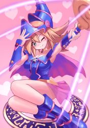 Rule 34 | 1girl, bare shoulders, blonde hair, blush, blush stickers, breasts, choker, cleavage, dark magician girl, duel monster, green eyes, hat, hexagram, highres, jewelry, large breasts, long hair, looking at viewer, magical girl, necklace, one eye closed, pentacle, pixelated, smile, solo, staff, star (symbol), tesshii (riza4828), wink, witch hat, wizard hat, yu-gi-oh!, yu-gi-oh! duel monsters