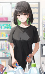 Rule 34 | 1girl, absurdres, black hair, breasts, brown eyes, closed mouth, collarbone, colored inner hair, convenience store, earrings, green hair, hair intakes, highres, indoors, jewelry, large breasts, looking at viewer, miru (ormille), mole, mole on breast, mole under eye, multicolored hair, original, ormille, shirt, shop, short hair, smile, solo, two-tone hair
