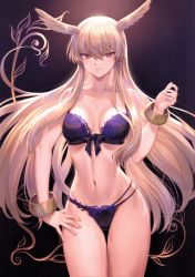 Rule 34 | 1girl, absurdres, bare shoulders, blonde hair, blue bra, blue panties, blush, bow, bow bra, bra, bracelet, breasts, collarbone, fate/grand order, fate (series), fingernails, gradient background, hair between eyes, hand on own hip, hand up, head wings, highres, jewelry, lingerie, long hair, looking at viewer, mashuu (neko no oyashiro), medium breasts, navel, panties, parted lips, red eyes, scan, solo, stomach, thighs, thrud (fate), underwear, underwear only, valkyrie (fate), wings
