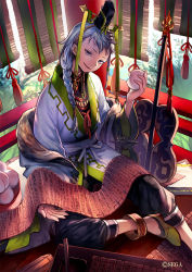 Rule 34 | 1boy, black pants, braid, chin strap, commentary request, food, fruit, green footwear, hair over shoulder, hand fan, head tilt, holding, japanese clothes, looking at viewer, male focus, official art, pants, parted lips, peach, purple eyes, purple hair, sash, scroll, shoes, single braid, sitting, smile, solo, soul reverse zero, tassel, watermark, yamakawa