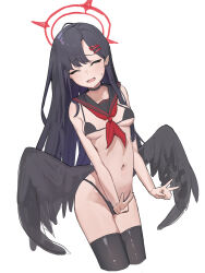 Rule 34 | 1girl, absurdres, adapted costume, bikini, black bikini, black hair, black sailor collar, black thighhighs, black wings, blue archive, breasts, closed eyes, cropped legs, double v, facing viewer, feathered wings, hair ornament, hairclip, halo, highres, ichika (blue archive), long hair, lovelyme, low wings, navel, neckerchief, open mouth, red halo, red neckerchief, sailor collar, simple background, small breasts, solo, swimsuit, thighhighs, v, white background, wings