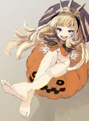 Rule 34 | 10s, 1girl, :d, bad id, bad twitter id, barefoot, blush, bottomless, breasts, cagliostro (granblue fantasy), cagliostro (halloween) (granblue fantasy), cape, crazy smile, feet, foot focus, granblue fantasy, hairband, halloween, hood, iwasaki takashi, jack-o&#039;-lantern, long hair, looking at viewer, naked cape, navel, open mouth, pumpkin, purple eyes, sitting, small breasts, smile, solo, toes