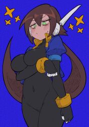 Rule 34 | 1girl, absurdres, aile (mega man zx), black bodysuit, blue background, blue jacket, blush, bodysuit, breasts, brown hair, buzzlyears, closed mouth, cropped jacket, green eyes, highres, jacket, large breasts, long hair, mega man (series), mega man zx, simple background, solo, sweatdrop