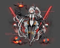 Rule 34 | 1girl, abyssal ship, black necktie, breasts, character name, claws, colored skin, commentary request, enemy aircraft (kancolle), fast light carrier water demon, full body, glowing, grey hair, grey skin, hair bobbles, hair ornament, highres, horns, kantai collection, long hair, medium breasts, necktie, oso (toolate), red eyes, simple background, tail, twitter username, very long hair, watermark, web address