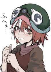 Rule 34 | 1girl, bags under eyes, blush, clenched hands, helmet, looking at viewer, made in abyss, multicolored hair, red hair, sakuranoren, short hair, simple background, sketch, solo, streaked hair, sweat, sweatdrop, upper body, vueko, white background, white hair