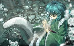 Rule 34 | 1girl, blue hair, bubble, closed eyes, drill hair, fins, fish tail, green kimono, head fins, highres, japanese clothes, kimono, mermaid, monster girl, open mouth, solo, stone, suna (s73d), tail, touhou, underwater, wakasagihime, water