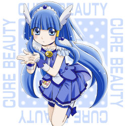 Rule 34 | 10s, 1girl, aoki reika, bike shorts, bike shorts under skirt, blue background, blue bow, blue eyes, blue hair, blue skirt, blue theme, boo (takagi), boots, bow, brooch, character name, cure beauty, full body, hair tubes, head wings, highres, hime cut, jewelry, knee boots, long hair, looking at viewer, magical girl, matching hair/eyes, polka dot, polka dot background, precure, shorts, shorts under skirt, sidelocks, skirt, smile precure!, solo, tiara, wings, wrist cuffs