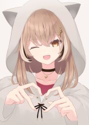 Rule 34 | 1girl, :d, absurdres, animal hood, black choker, brown hoodie, choker, crossed bangs, double-parted bangs, fingernails, hair between eyes, hair ornament, hairclip, heart, heart hands, highres, hololive, hololive english, hood, hood up, hoodie, jewelry, long hair, looking at viewer, multicolored hair, nanashi mumei, nanashi mumei (casual), necklace, one eye closed, open mouth, red shirt, shirt, smile, streaked hair, sweater, very long hair, viractal, virtual youtuber, white sweater, wide sleeves