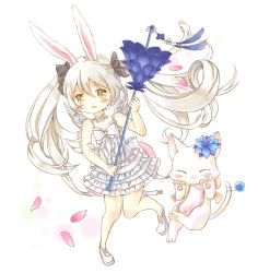 Rule 34 | 10s, 1girl, animal ears, bad id, bad pixiv id, blade &amp; soul, brown eyes, rabbit ears, cat, dress, hoshi ame, knees together feet apart, long hair, lyn (blade &amp; soul), ribbon, shoes, solo, tail, very long hair, wand, white hair, wings